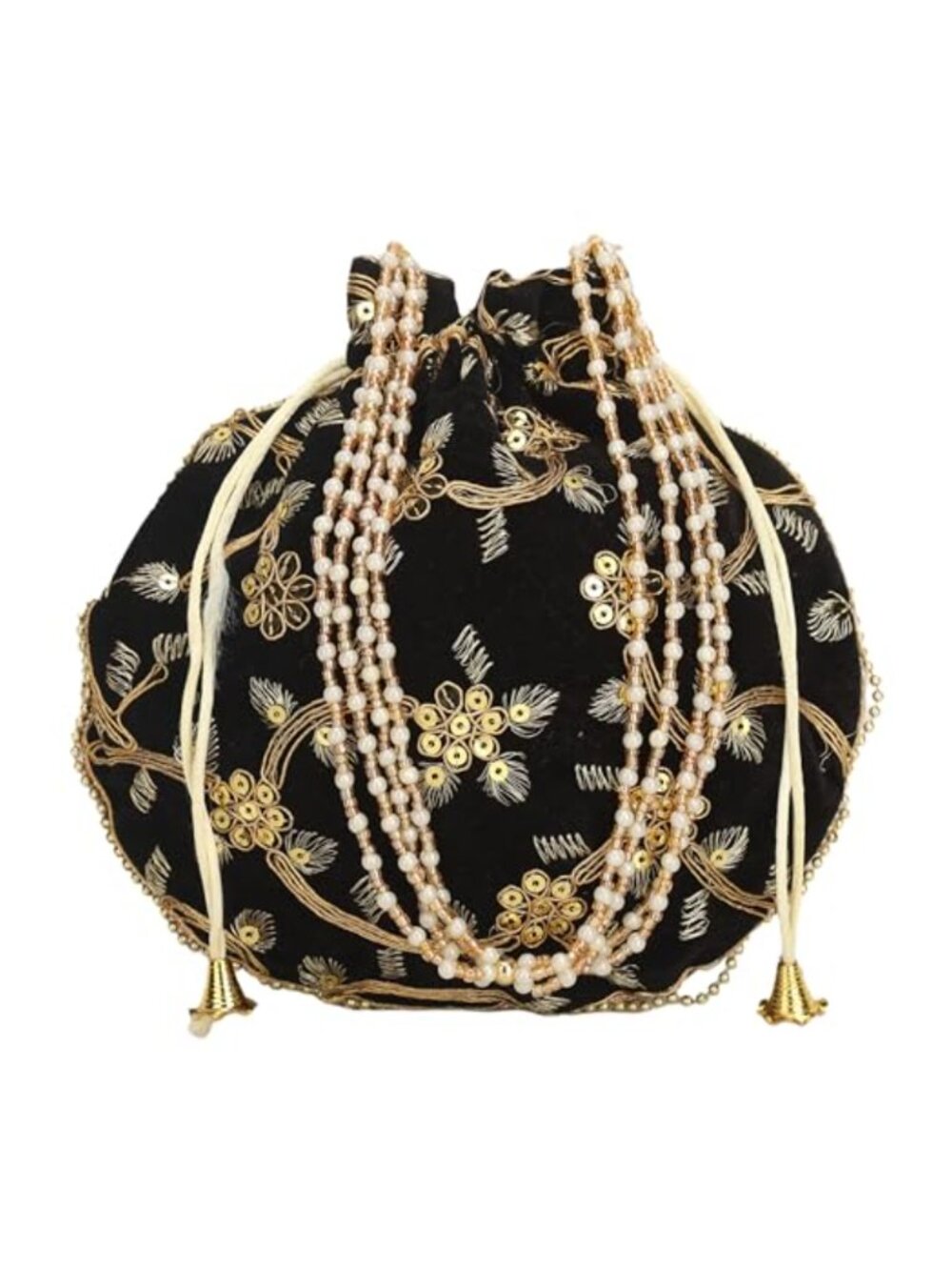 Embroidered Silk Potli Bag Clutch Drawstring Pearl Handle